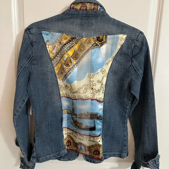 Vintage Denim Jacket, Italian Silk Print insert. Casual,soft,chic,unique jacket.